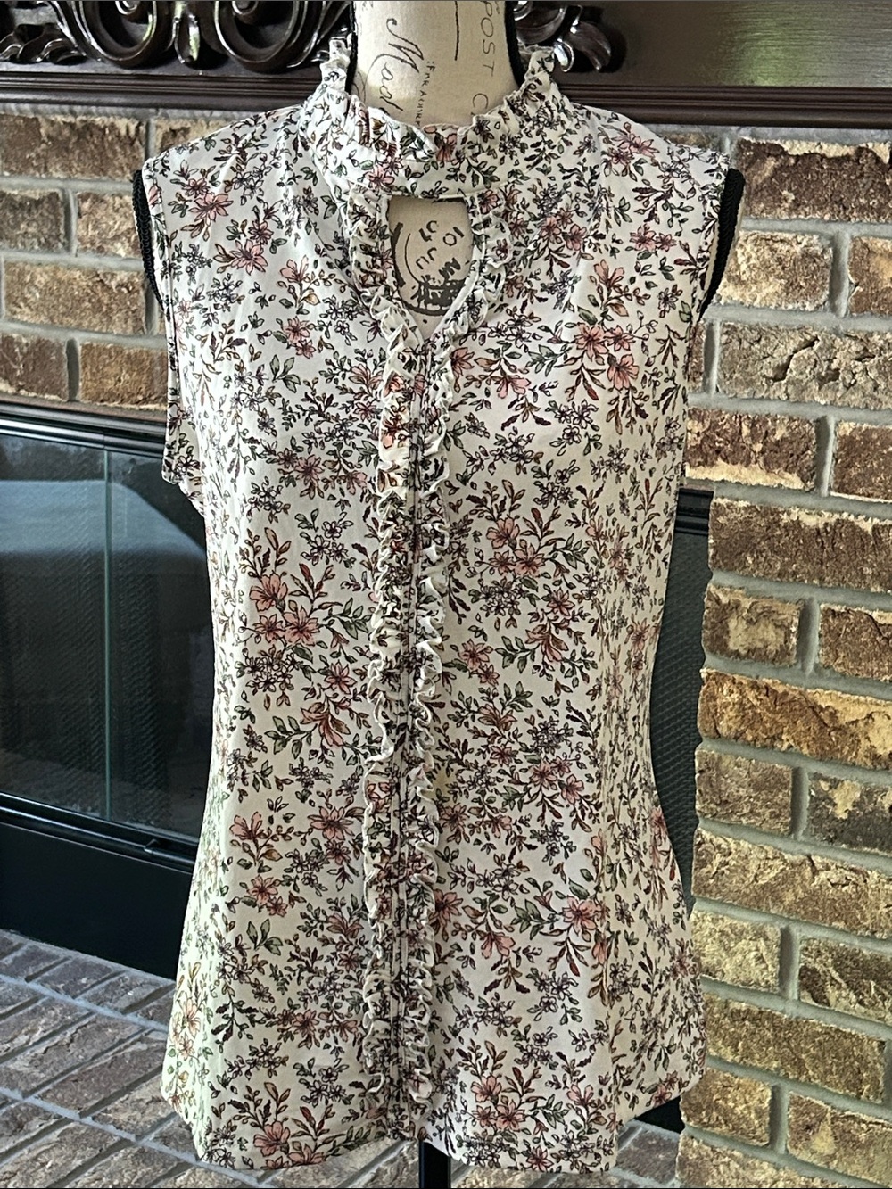 Women’s Large Floral Ruffle Sleeveless Blouse - White with Pink & Green